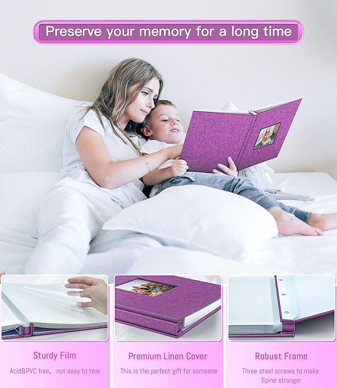 popotop Photo Album Self Adhesive with Picture Display Window,40 Pages DIY Scrapbooking Supplies Kit for 4x6 8x10 Picture,Linen Cover Memory Book for Baby Wedding, with Scraper and Metallic Pen