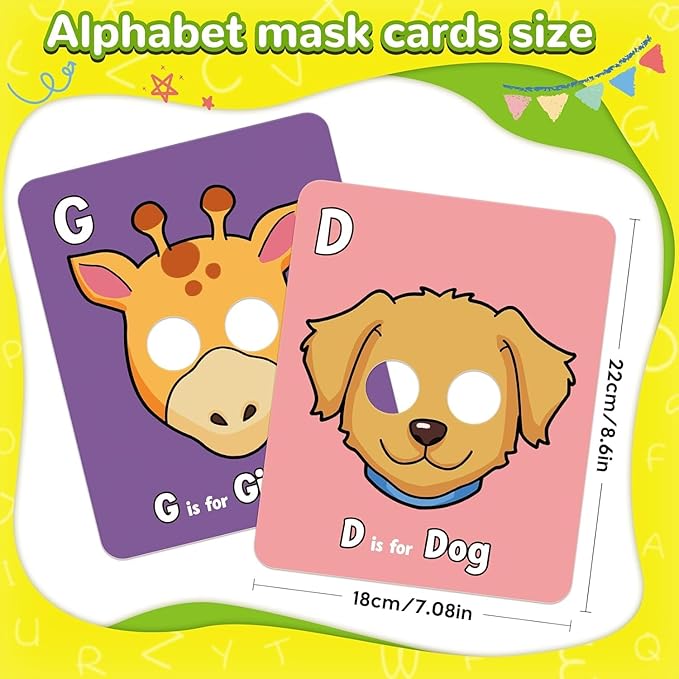 Alphabet ABC Flash Cards with Animal Masks, Animal mask Alphabet Cards, Interactive Education Games, Learn Letters, English Phrases(26 Pcs Colorful)