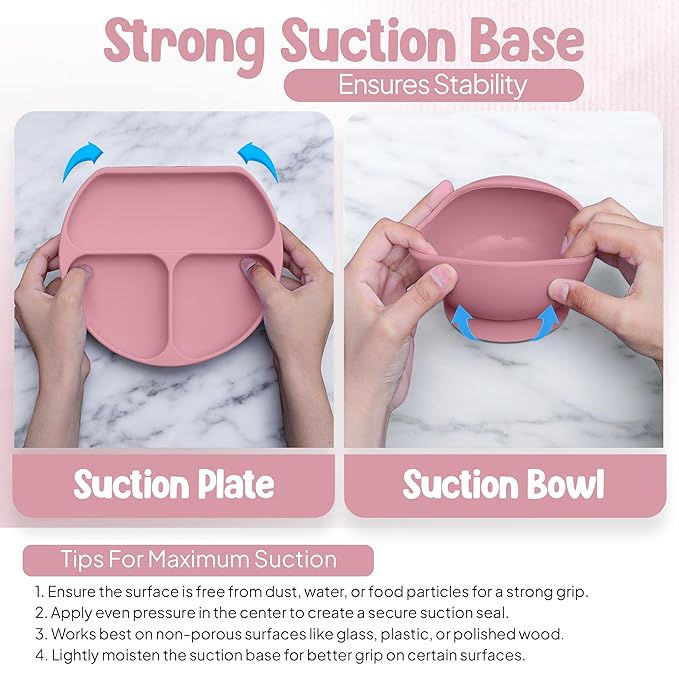 o'doe 11-Piece BPA-Free Silicone Baby Feeding Set | Thick & Soft Suction Plates, Baby Bowls, Wooden Fork & Spoon, and More | Make Mealtime Fun and Easy for Your Little One (Rose, V1)