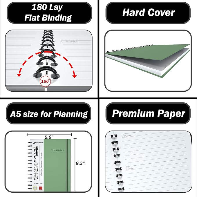 Undated Monthly and Weekly Planner - 12 Month Calendar Planner Notebook with Week Days - Hardcover Undated Planners Blank Agenda Book - A5 Green