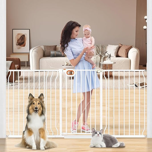 owlie 37.4" Extra Tall Wide Baby Gate for Stairs Doorways,66-75 Inch Extra Large Long Baby Gate with Door Indoor Safety Metal Pressure Mounted Pet Gate with Walk-Thru Auto Close, White