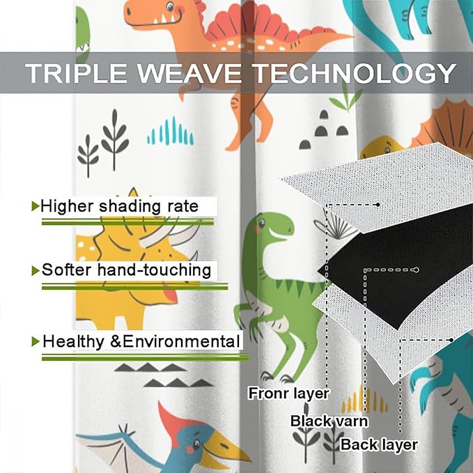 Kids Dinosaur Curtains for Boy Girl Bedroom Decor Cartoon Dino Colorful Cute Funny Animal Wildlife Printed Blackout Rod Pocket Window Drapes for Baby Nursery Playroom Living Room W31.5xL72in 2 Panels