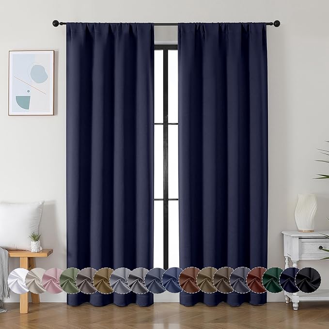 Simplebrand Ava Navy Blue Blackout Curtains for Bedroom - 72 Inch Length x 40 Inch Width, Privacy Insulated Thermal Rod Pocket Panels