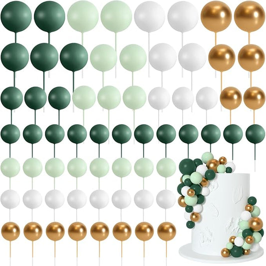 75 Pcs Cake Balls Topper Decorations Foam Cupcake Topper Mini Balloon Cake Topper Balls Cake Picks for Cake Deco Birthday Party Wedding（Green,Gold, White）