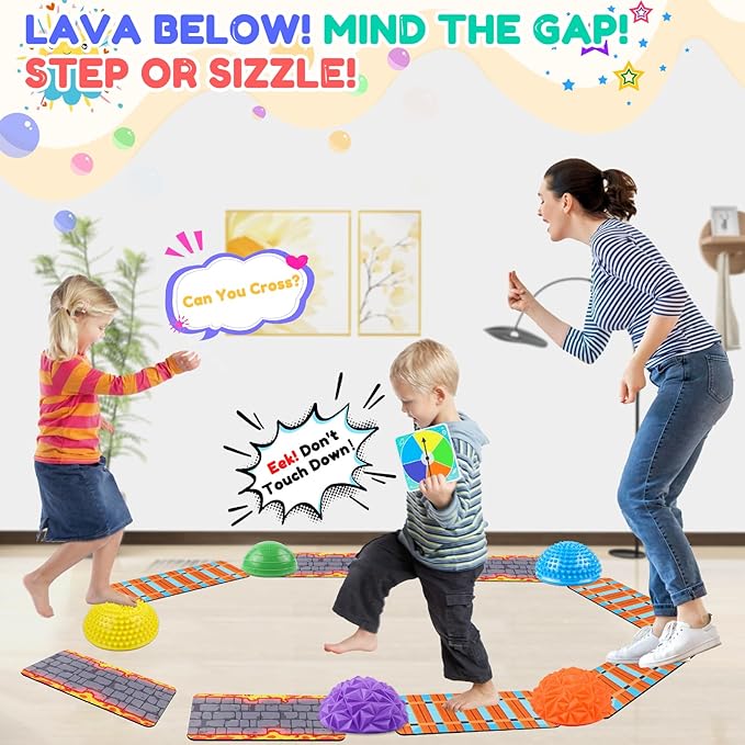 Stepping Stones for Kids, Textured Balance Pods and Adventure Floor Mats Set with Game Spinner for Kids Adults, Obstacle Course Sensory Toys Great for Indoor Outdoor Play Family Fitness Fun