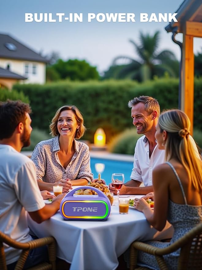 TPone Portable Bluetooth Speaker, 30W (Peak) Wireless Speaker for Outdoor, Up to 12H Playtime, IPX5 Waterproof with Light, TWS Pairing, for Home/Party/Outdoor/Beach, Birthday Gift (Chilled Lilac)