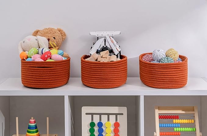 Shelf Storage Baskets for Organizing|Decorative Basket for Closet Storage|Toy Baskets&Bins|Small Woven Rope Baskets-13x8.66x5.11’’,Durable&Stylish,Oval 3 Packs Brick Red