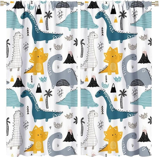 Kids Dinosaur Curtains for Boys Girls Bedroom Decor Cartoon Dino Colorful Cute Funny Wildlife Animal Printed Blackout Rod Pocket Window Drapes for Baby Nursery Playroom Living Room W21xL54in 2 Panels