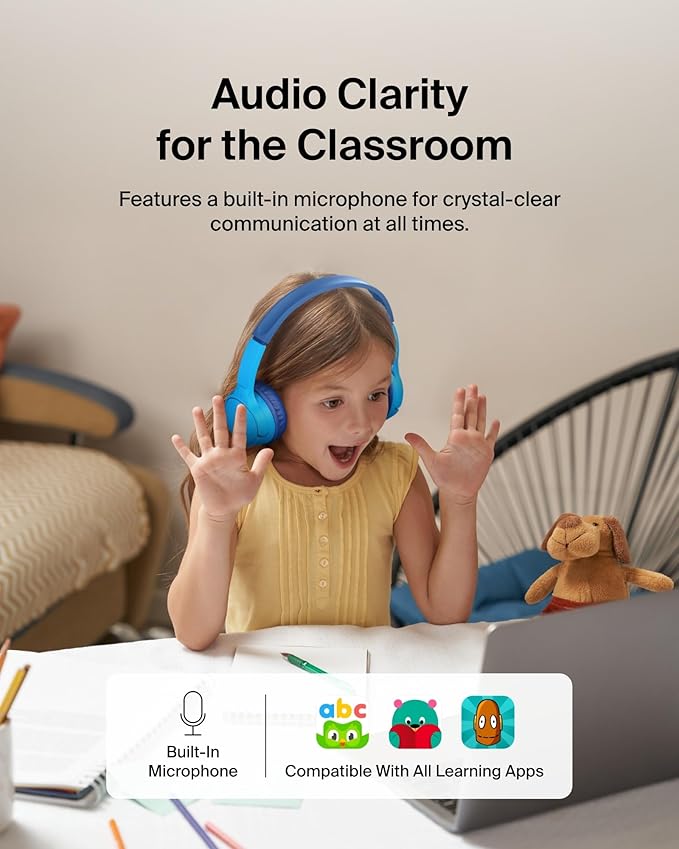 Belkin SoundForm Mini - Wireless Bluetooth Kids Headphones, 30H Battery, 85dB Safe Volume Limit, Built-in Microphone - Toddler On-Ear Earphones for iPhone, iPad, Fire Tablet, Ideal for School - Blue