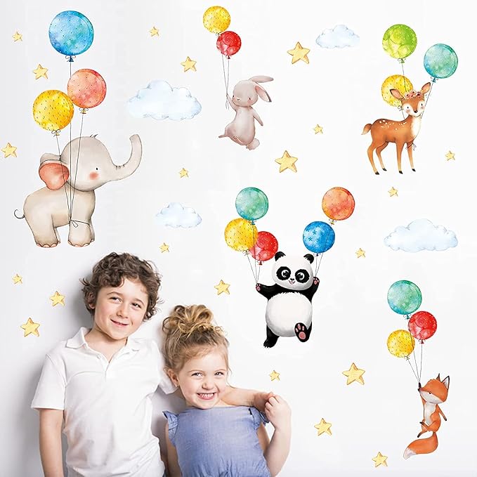 TOARTi Cartoon Animals Wall Stickers, Colorful Balloon Wall Decals, Watercolour Stickers for Baby Room, Adorable Animals Panda Elephant Fox Rabbit Stickers for Kids Bedroom Nursery Wall Decoration