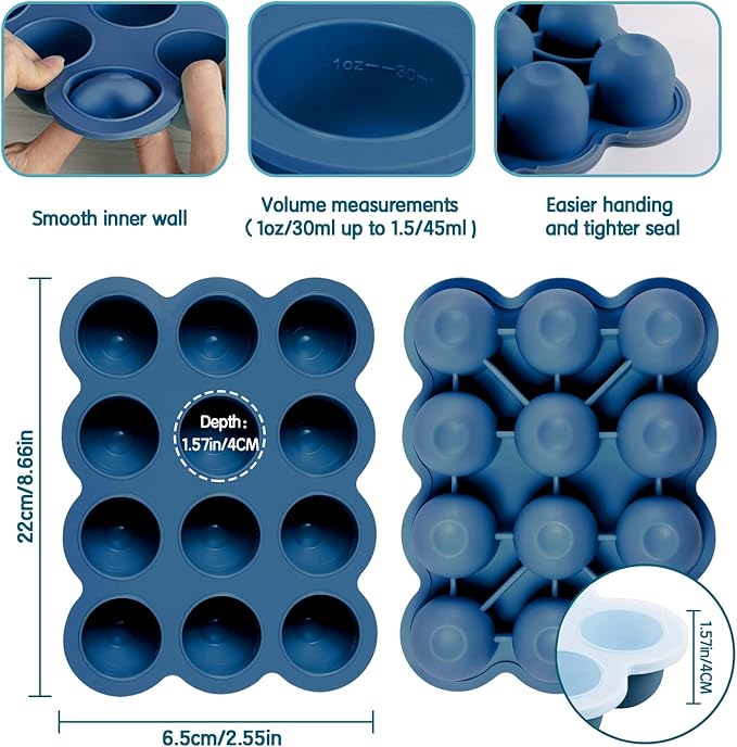 Baby Food Storage 12 x 1.5OZ Silicone Freezer Tray with Lid, Food Grade Silicone Containers for Purees & Vegetables Midnight Blue