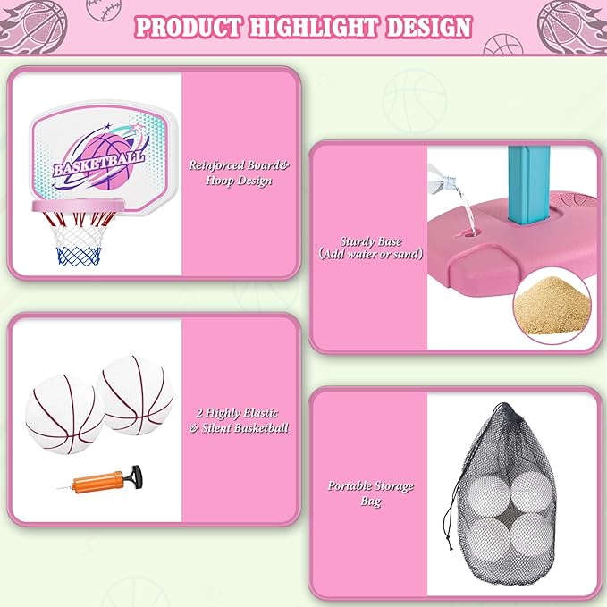 3 in 1 Basketball Hoop and Tee Ball Set for Girls: Baseball Tee with Automatic Pitching Machine Adjustable Height Outdoor and Indoor Sports Toys Christmas Birthday Gift for Kids Age 1-8 Year Old Pink