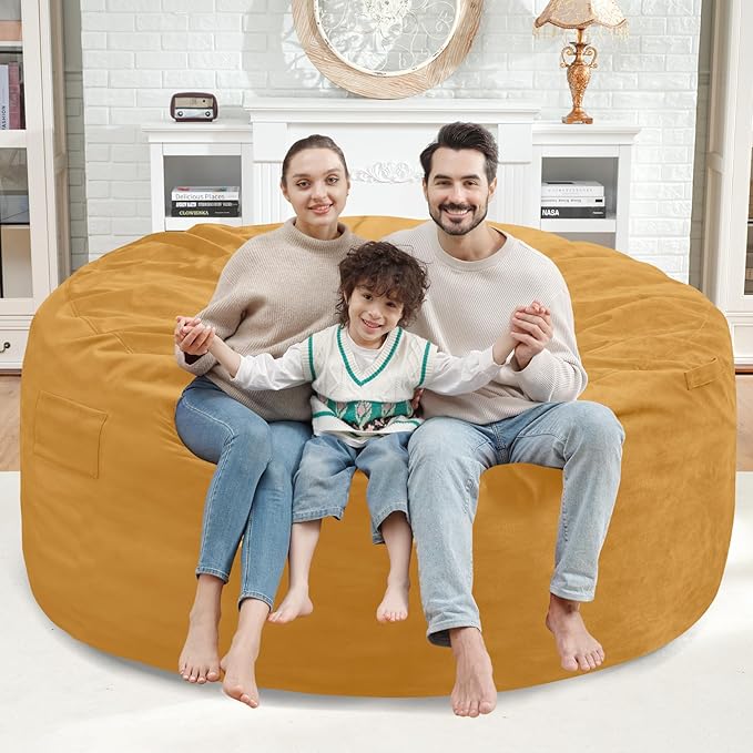 5FT Bean Bag Chair, Large Bean Bag Chairs with Memory Foam Filled, Fluffy Beanbag Sofa with Dutch Velvet Cover, Round BeanBag Chairs for Living Room, Playroom - Mustard