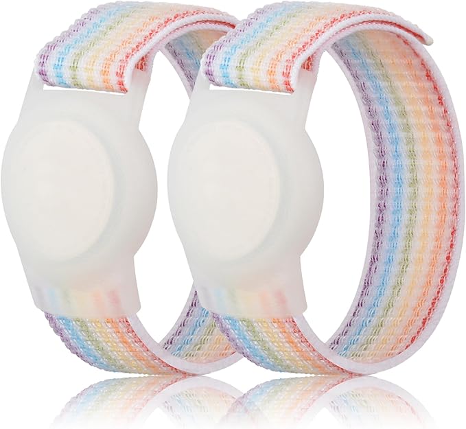 Kids Wristband Compatible with Apple AirTag, Protective Case for Air Tag GPS Tracker Holder with Nylon Bracelet, Adjustable Anti Lost Watch Band for Toddler Child Elder(2PacksRainbowA)