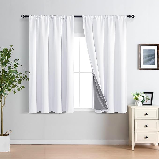 XWZO 100% Blackout Curtains with Tiebacks- Double Layers Completely Shaded Window Panels Thermal Insulated Lined Drapes for Bedroom/Living Room, Rod Pocket, White, W52 x L54, Set of 2 Panels