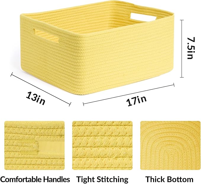 Large Storage Baskets for Shelves, Closet Organizers Bins for Clothes Blanket Towels, Baby Nursery, Toy Baskets Box, Woven Rope Baskets, 17 x 13 x 7.5”, 2 Packs Yellow
