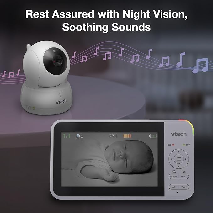 VTech VM924-2 Remote Pan-Tilt-Zoom Baby Monitor with 2 Cameras & Audio,5" LCD Screen,Up to 17Hrs Video Streaming&31Hrs Battery for Audio,Night Vision,1000ft Range,Soothing Sounds,Temperature Sensor