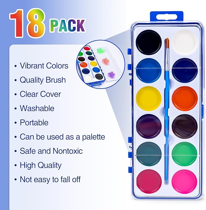 18 Pack Watercolor Paint Set for Kids, 12 Colors Watercolors Paints with Paint Brush, Kids Watercolor Paint Set for Party Favor, Classroom.