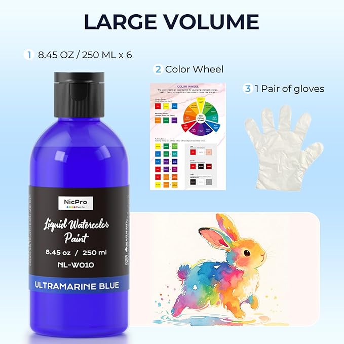 Nicpro 6 Colors Liquid Watercolor Paint Set, 8.45oz Large Bottle Liquid Watercolor Paint, Non-Toxic Water Colors Painting Supplies for Art Activity, Craft DIY, Poster, School, Home, Classroom, Party