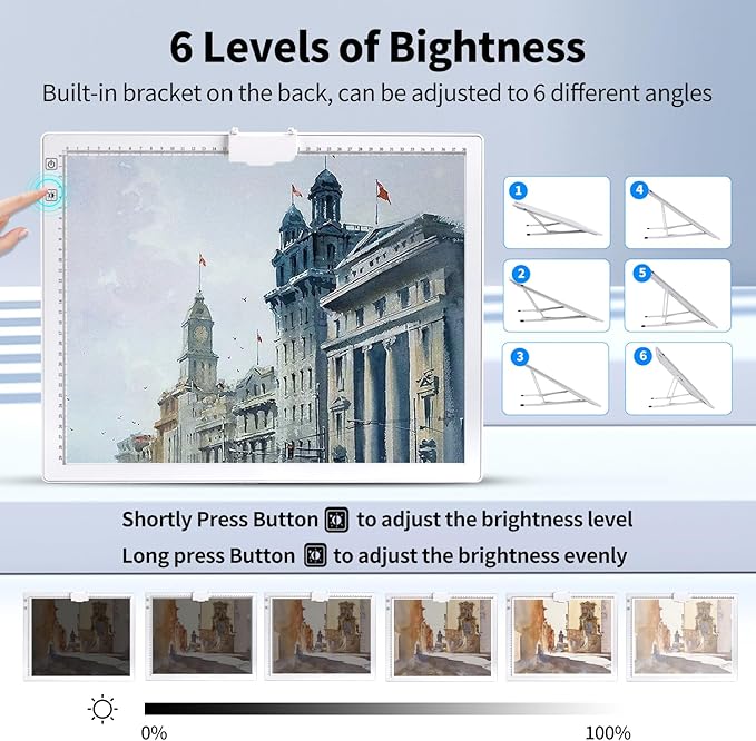 Elice Rechargeable A3 Light Pad with Carry Bag, Top Clip, Foldable Stand, 3 Colors/6 Levels/Stepless Brightness Wireless tracing Light Box/Board for Diamond Painting, Cricut Weeding Vinyl (White)