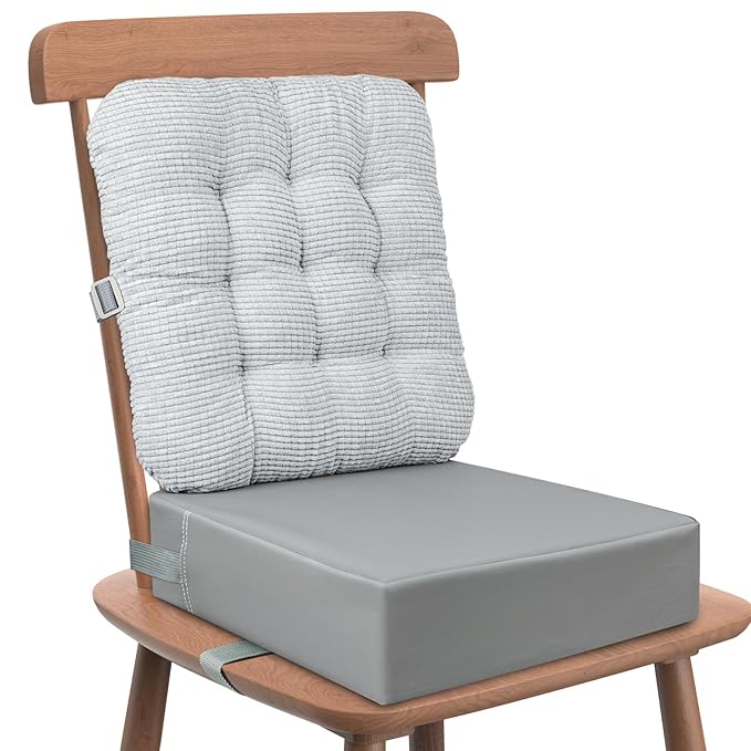 Booster Seat for Kitchen Chair with Comfy Backrest Pillow and Adjustable Safety Buckles,Non-Slip Kid Toddler Booster Seat for Dining Table, PU Travel Baby Booster Cushion Chair