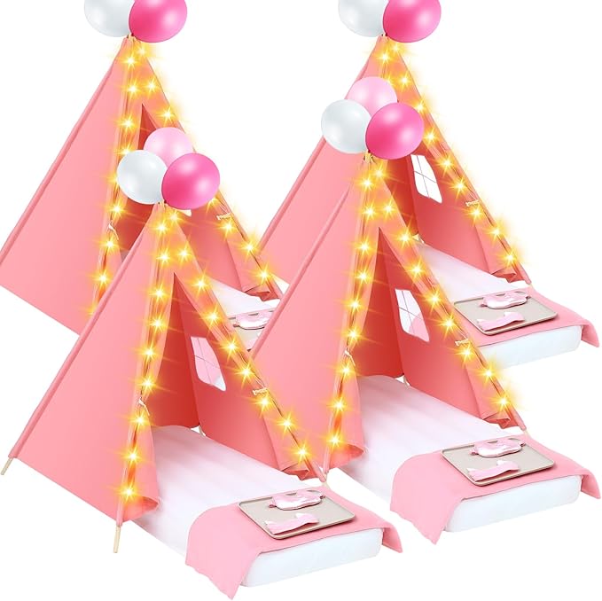 Windyun 4 Pack Kids Teepee Tent for Slumber Party with Mattress and Lights, Sleepover Tents for Girls Boys Indoor Outdoor Cotton Teepee for Kids with Airbed Tray Blanket Birthday Party Supplies(Pink)