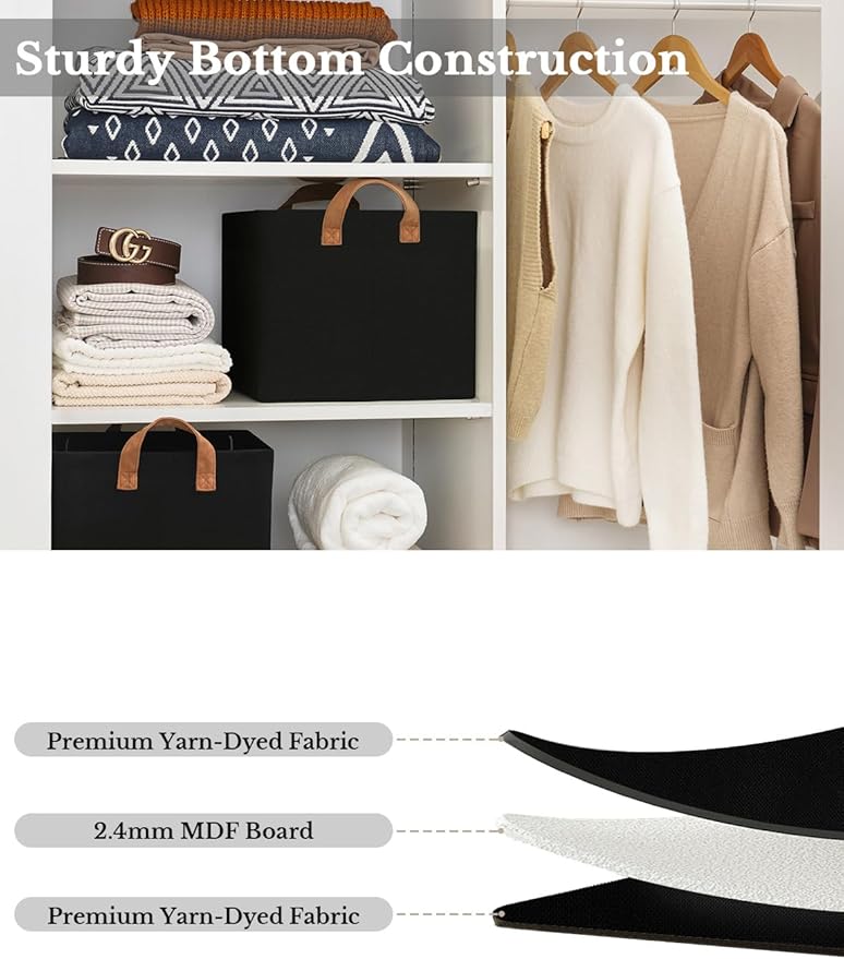 StorageWorks Storage Bins, Fabric Storage Bins for Shelves, Large Storage Baskets with Metal Frame, Closet Baskets and Bins with Handles, Black, 2-Pack