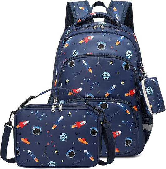mygreen 3PCS Kids Backpack Set - Waterproof Bookbag with Lunch Box for Boys Ages 3-12, Adorable Cartoon Prints for School & Outdoor Use Dark Blue Rocket