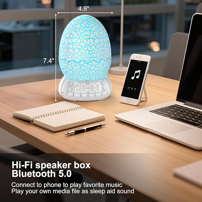 Upgraded Dinosaur Egg Alarm Clock/Digital Clock/Night Light/Music & White Noise Aid Sleep Machine/Bluetooth Speaker, Decor Ideal & Unique Lamp for Bedroom/Living Room, Gifts for Kids