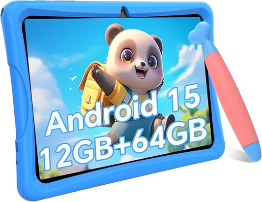 Kids Tablet 10 inch, Android 15 Tablets for Kid, Parental Control, Pre-Installed Kiddos Software & Kids Space, Includes Case & Stylus Pen, 12GB RAM 64GB ROM, 2TB Expand, HD IPS Screen(Blue)