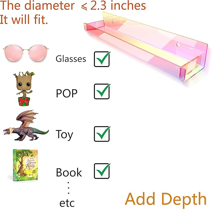 8 Pack 15 Inch Iridescent Acrylic Shelves, Clear Rainbow Kids Floating Bookshelf for Kids Room, Modern Sunglasses Essential Oil Picture Ledge Display Toy Storage Wall Shelf