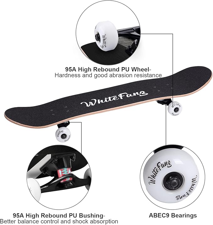 WhiteFang Skateboards for Beginners, Complete Skateboard 31 x 7.88, 7 Layer Canadian Maple Double Kick Concave Standard and Tricks Skateboards for Kids and Beginners