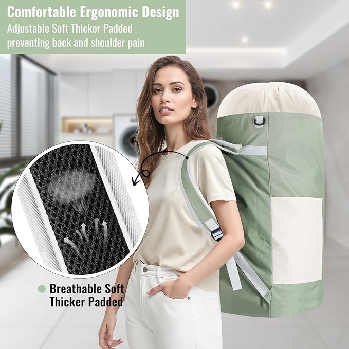 Laundry Bag Backpack, 125L Extra Large Travel with Shoulder Straps, Adjustable & Extendable Design, Laundry Hamper Bag with 3 Pockets for Laundromat, College, Travel, Camping (Green)