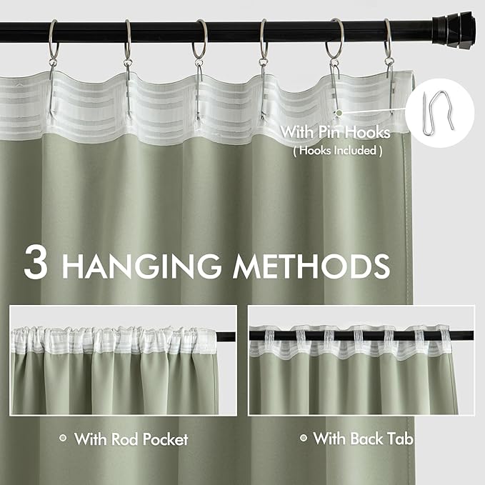 MIULEE Back Tab Sage Green Curtains 120 Inch Long 2 Panels Set for Living Room Bedroom, Rod Pocket/Pinch Pleated Light Blocking Extra Long Thermal Insulated Room Darkening Blackout Curtains/Drapes