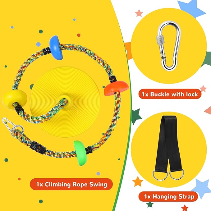 Tree Swing Rainbow Climbing Rope, Heavy Duty Swing Disc Seat Replacement for Kids with Hanging Strap and Platform Carabiners Indoor/Outdoor Playground Accessories (Yellow)