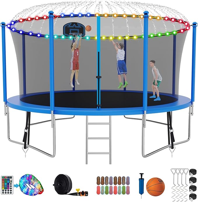 SKYUP Tranpoline 1500LBS 16 15 14 12 10 8 FT Tranpoline for 7-10 Kids and Adults, Windproof Outdoor Tranpoline with Enclosure Net, Basketball Hoop, Easy to Install & Last Long - ASTM Approved