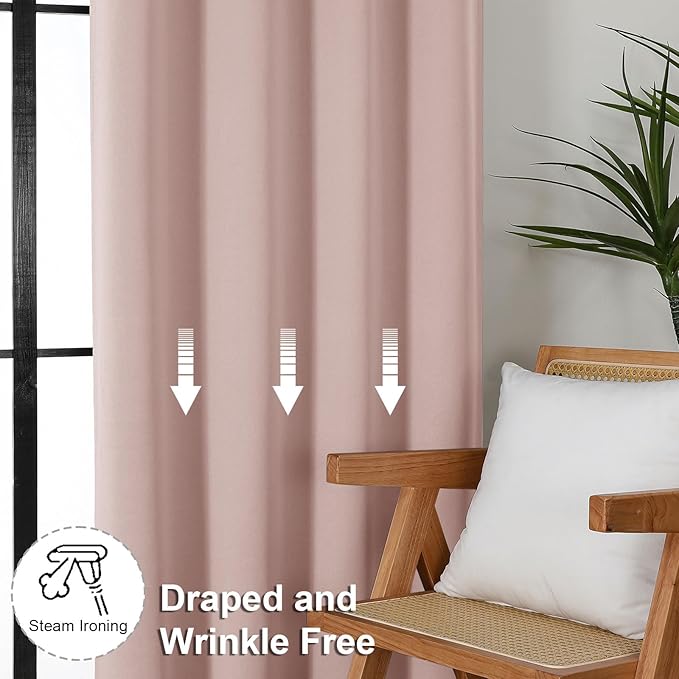 Simplebrand Ava Blush Blackout Curtains for Bedroom 96 Inches Long 2 Panels, Solid Thermal Insulated, Energy Saving Nursery Window Treatment Curtains Blackout Drapes, W50 x L96 Inch, Blush