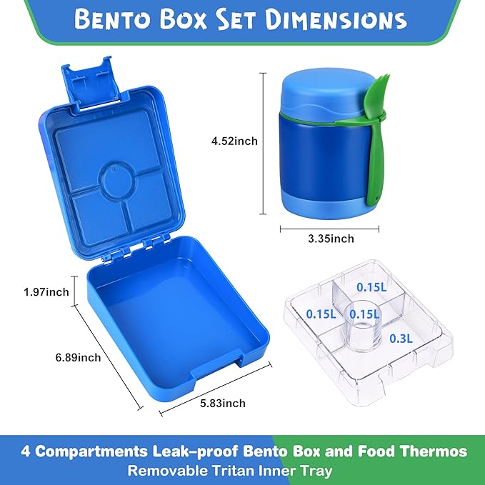 Bento Lunch Box Set With 10oz Soup Thermo, Leak-proof Lunch Containers with 4 Compartment, Kids Hot Thermo Food Jar/Insulation Lunch Bag, Food Containers for School （Blue）