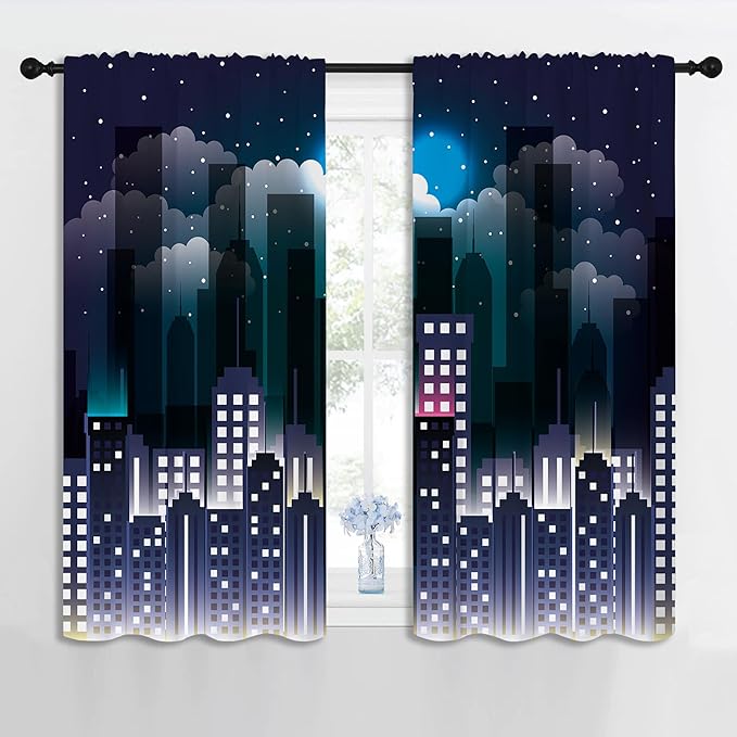 Superhero Rod Pocket Blackout Curtains for Boy Girl Bedroom, Violet Night Sky Buildings Cityscape Home Energy Efficient Light Filtering Window Curtain for Living Room, 42x63 inch