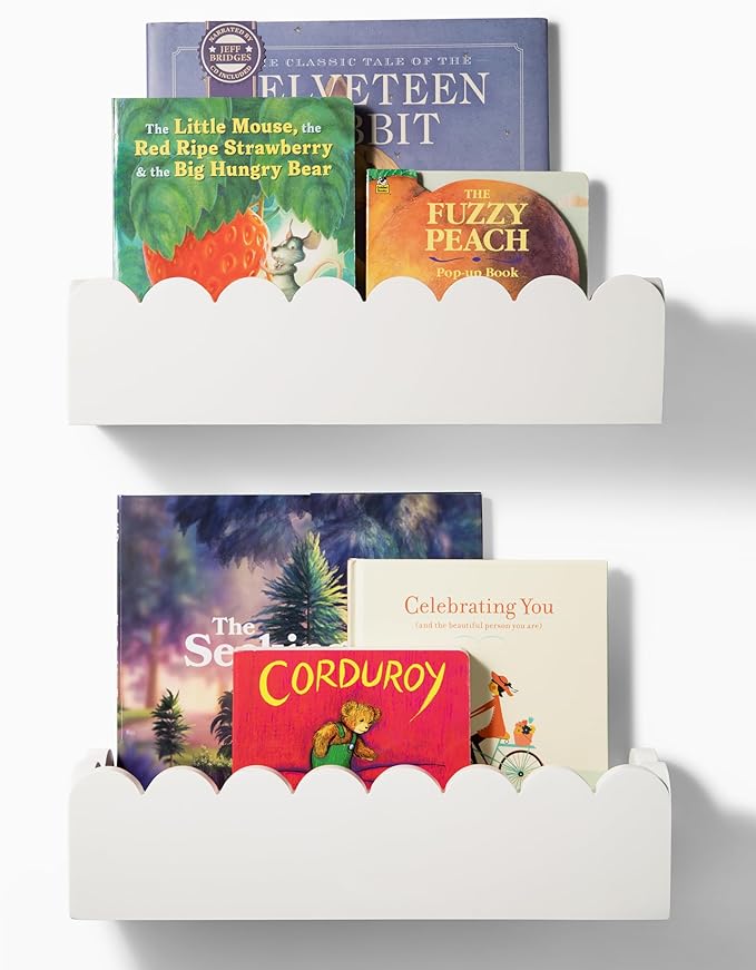 White Floating Cloud Shelves – Set of 2 Scalloped Wooden White Floating Cloud Shelves for Wall, Pre-Assembled Nursery Bookshelves for Baby, Toddler & Kids Room, Montessori Wall Shelf Display