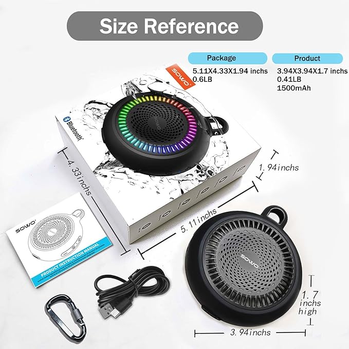 SOWO Shower Speaker Bluetooth Waterproof | Small Portable Wireless Bluetooth Speaker with Clip | Powerful Bass and Louder Volume | Colorful Lights and Lightweight | for Bathroom,Travel,Beach | Black