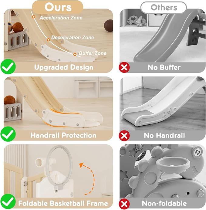YUFU 8 in 1 Toddler Slide Set, Kids Slide for Toddlers Age 1-3, Toddler Playset with Climber, Basketball Hoop and Ball, Outdoor Indoor Playground for Toddlers 1-3 (Beige+Coffee)