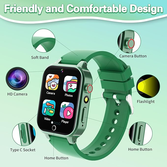 Vakzovy Kids Smart Watch for Boys with 26 Games, HD Touchscreen Camera Music Player Flashlight Pedometer Audiobook, Birthday Gifts Toy for Girls Age 6-12 Kids Smartwatch with Screen Protector Green