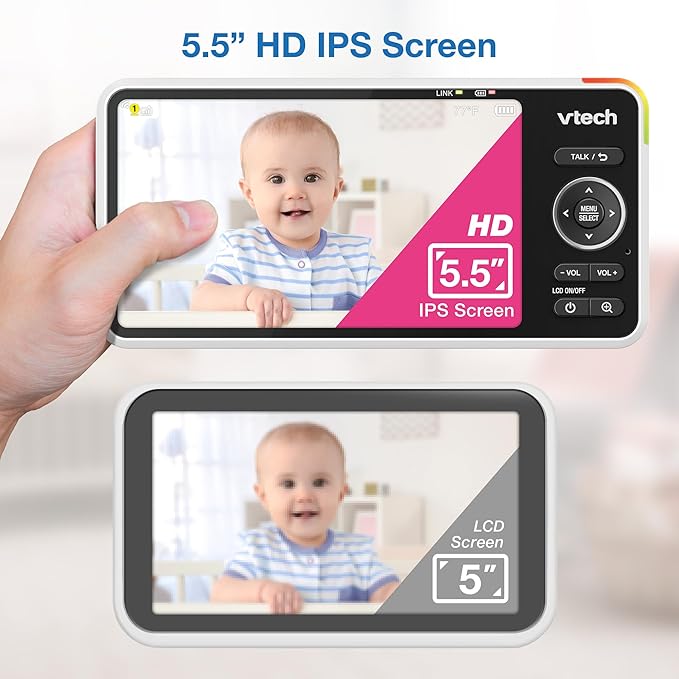 VTech Smart WiFi Baby Monitor, 2K CMOS Sensor Camera, 5.5-inch HD IPS Screen, Clear Infrared Night Vision, Pan-Tilt, 24x Zoom, 2-Way Talk, Multi-Color Night Light, Soothing, Free App: Smart HD Plus
