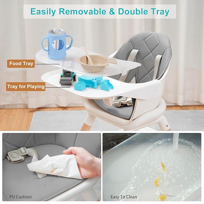 Baby High Chair, 6 in 1 Wooden Convertible High Chairs for Babies and Toddlers, Booster Seat with Double Tray & Reversible Footrest Baby Highchair, 5-Point Harness Baby Feeding Chair, Grey