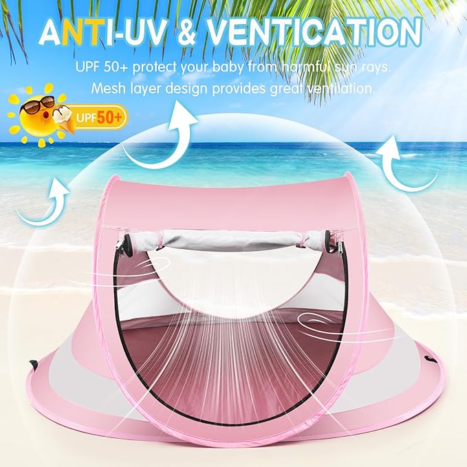 Baby Beach Tent,Large Pop Up Beach Tent Sun Shade for Beach,Portable Baby Travel Tent with Mosquito Net,Indoor Baby Play Tent,UPF 50+ UV Protection Sun Shelters for Infants