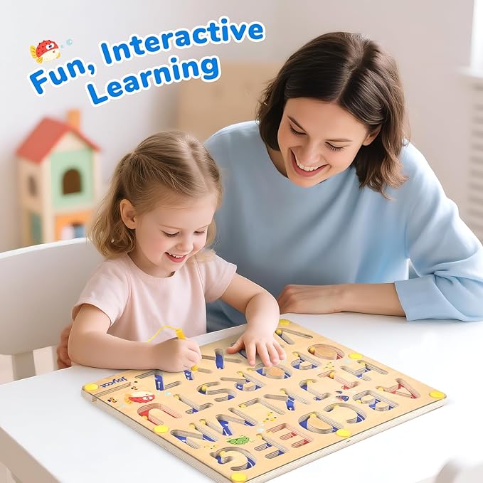 JoyCat Magnetic Letter Tracing Board, Wooden Alphabet Tracing Board for Toddlers ABC Magnets Letter Writing Practice, Magnetic Maze Preschool Learning Educational Toys for Kids 3-5
