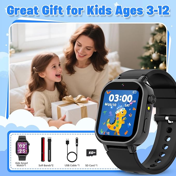 Kids Waterproof Smart Watch Boys Gift Age 3-12 with 39 Game HD Touch Screen Music Player Video Camera Pedometer Alarm Clock Birthday Gift for 6 7 8 9 Year Olds Black