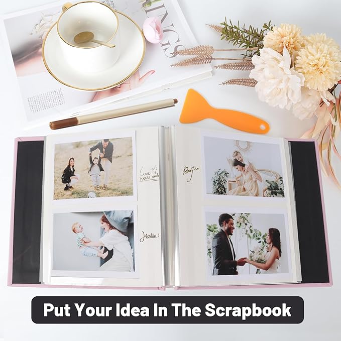 RECUTMS Photo Album Self Adhesive Magnetic Scrapbook 4x6 5x7 8x10 Pictures Scrapbook Album, 40 Pages Photo Book for DIY Baby Family Wedding with Metal Pen and Plastic Board (Pink)