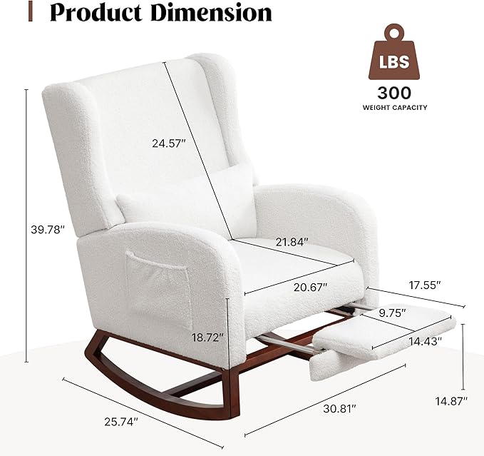 Rocking Chair Nursery,Teddy Nursery Rocking Chairs with Foot Rest, Sherpa Nursing Chair Glider Rocker with Wingback and Pillow for Living Room, Bedroom, White
